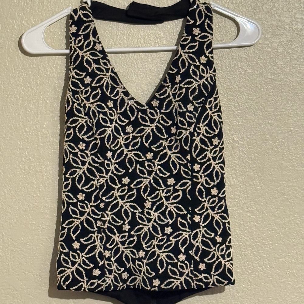 Elegant Black and Cream Beaded Women's Halter Top
